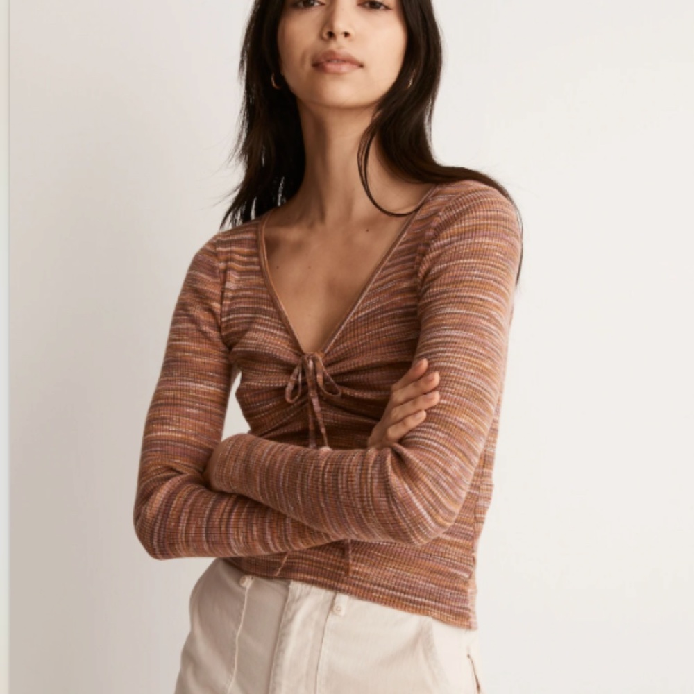 Madewell Space-Dyed V-Neck Cinched Sweater Mahogany S/M